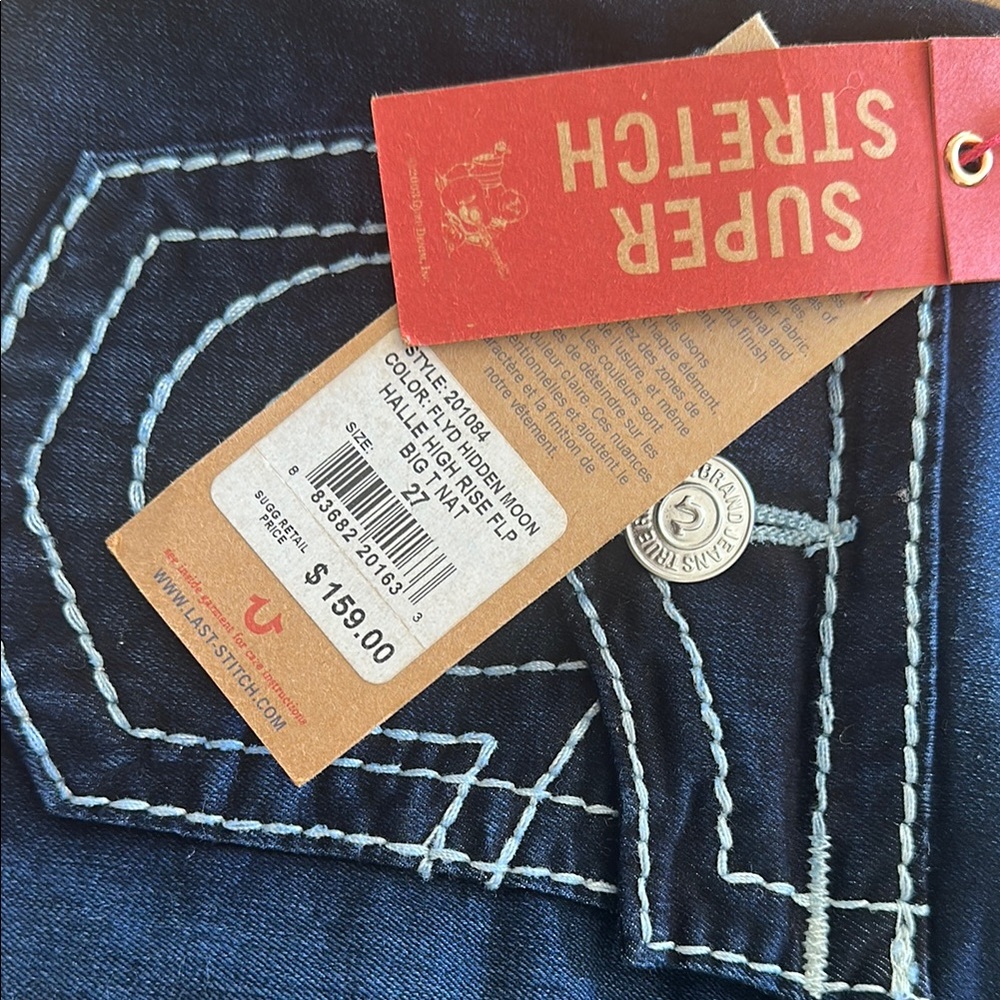 True Religion High Rise Blue Jeans with Detailed Stitching